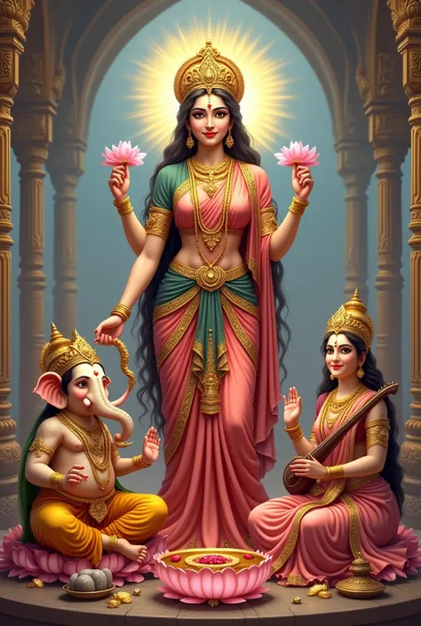 Create a high-quality traditional Hindu religious image featuring Goddess Lakshmi standing on a lotus flower at the center. She should have a beautiful and serene face, holding lotus flowers in both hands. On her left, Lord Ganesha is sitting with a bowl o...