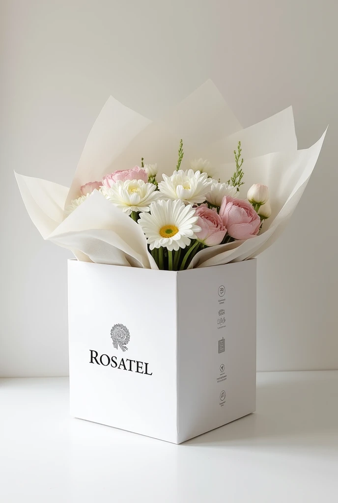 Create a packaging that has the shape of the Nazca lines for bouquets of flowers. The box should be large and elegant, white with the Rosatel logo.
