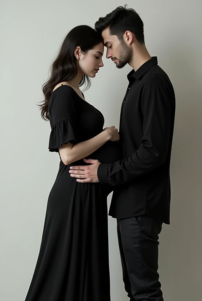 Young pregnant woman with her boyfriend. They both have very pale white skin., black hair and both dressed in black, She wears a black dress and he wears a black shirt and pants.. Let their faces be noticed 