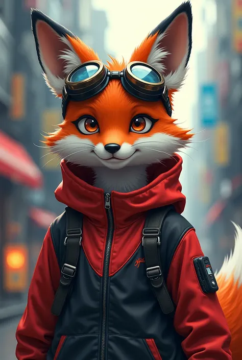 kemono fox, half red half black hoodie, anime, rasied aviation goggles