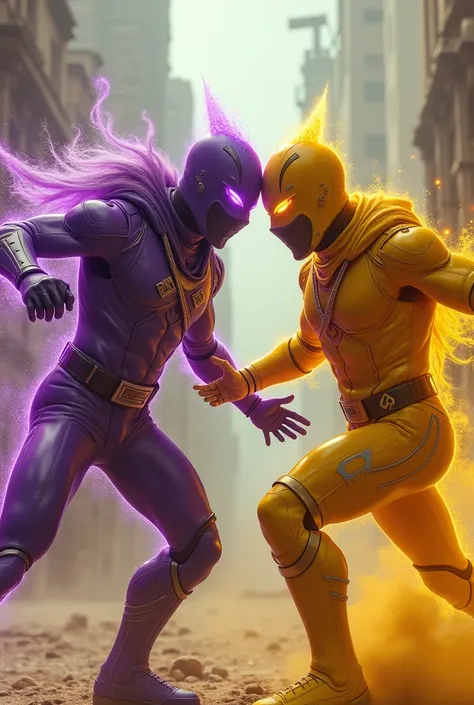 A close-up, hyper-realistic shot of two Skibidi heroes locked in combat, one with electric purple and the other with golden yellow hyper-sonic colors, set in a dystopian wasteland with gritty textures, crumbling structures, and dust swirling in the air.