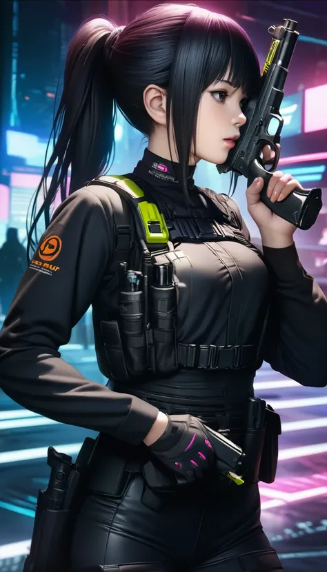 score_9、score_8_up、score_7_up,(Highest quality),(Ultra-high resolution),(Very detailed),(The best CG),(masterpiece),RAW Photos, 8k, ((Perfect hands, Perfect Anatomy)),pointing pistol, ponytail,  Supple, Mid-chest, Black tactical uniform,Tactical Holster,cy...