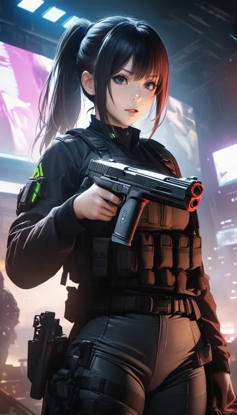 score_9、score_8_up、score_7_up,(Highest quality),(Ultra-high resolution),(Very detailed),(The best CG),(masterpiece),RAW Photos, 8k, ((Perfect hands, Perfect Anatomy)),pointing pistol, ponytail,  Supple, Mid-chest, Black tactical uniform,Tactical Holster,cy...