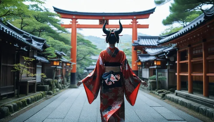 The image shows a female android with demon horns dressed in a beautiful kimono strolling through a Kyoto shrine。The style is also terrible.、人間とrobotの融合は美しさの中に神秘的でSpooky atmosphereがある。Torii gate in the background、There is a shrine in Kyoto。機械でできたLong neckを...