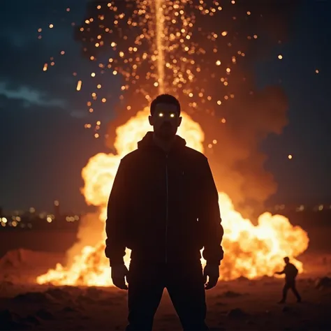 meteor rain, A man standing facing us with a big fire in the background, silhouette, glowing eyes, city, 