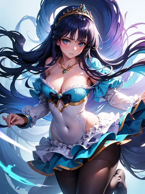 A tall young woman with navy blue long hair, small braids among the hair, messy hair, light blue eyes, small breasts, thin, tiara on the head, turquoise bow in the hair, blue heart necklace, white frilly dress, magical girl outfit, full body shot, magia na...