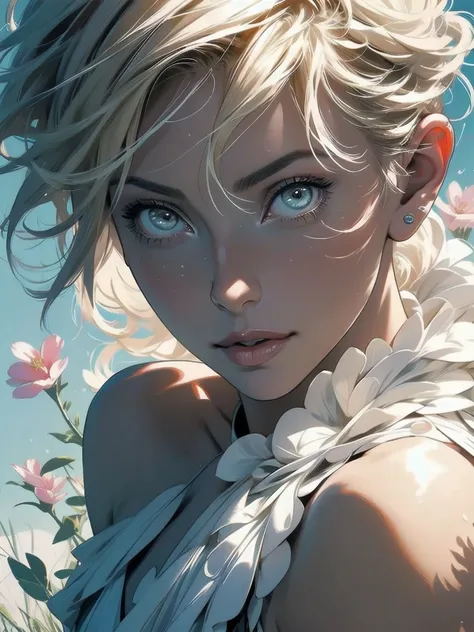 Charlize Theron in A botanical masterpiece in the style of Marco Mazzoni, detailed, hyper-realistic, front view, elemets of symbolism and surrealism, a painting by mse a attractive seductive Charlize Theron by agnes cecile, luminous design, pastel colours,...