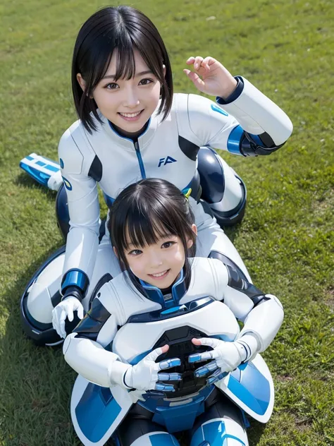 Japanese female android,Black Hair,White and blue robot suit,Plump,Playing with children on the grass in the park,smile,