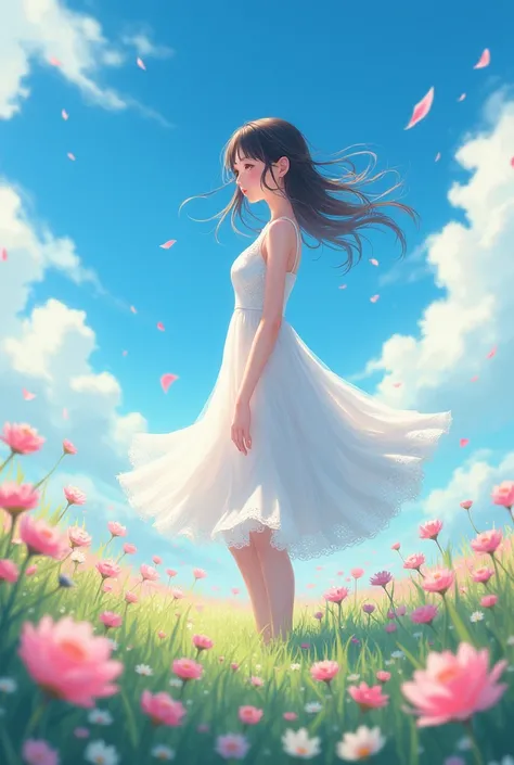 Wind of flowers,grow,blue sky,bird,female,White dress,Anime Style,Makoto Shinkai style