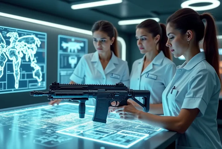 3 nurses、(masterpiece:1.2,Superior Quality,mirror-like,Cinematic Experience,Realistic:2.0,RAW Photos:2.0,Very detailed),8k,wallpaper,(Representing blueprints through holograms:2.0),(Beautiful woman:2.0),Futuristic assault rifle,(Blueprint for futuristic as...