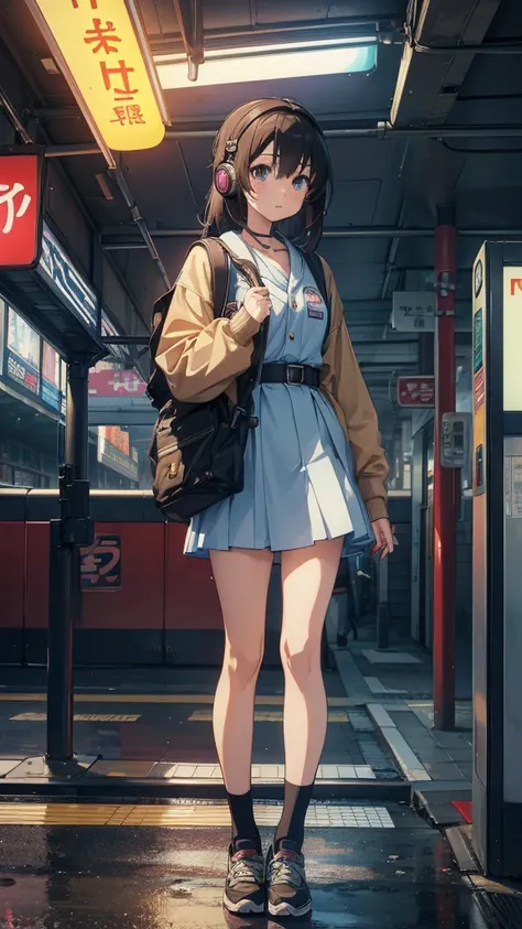 ((best quality)), ((masterpiece)), (detailed), Anime girl standing at subway station with backpack and headphones、Tokyo Anime Scene、The mysterious style、True Mystery Style、4k anime wallpaper、（（It&#39;s really strange））、anime photography、Anime Style 4k、Beau...