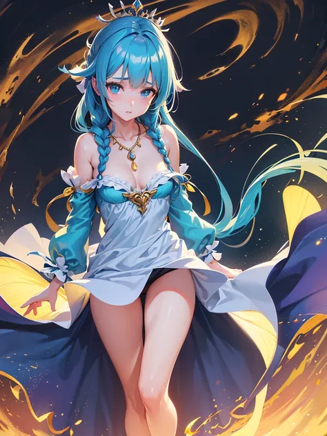 A tall young woman with navy blue long hair, small braids among the hair, messy hair, light blue eyes, small breasts, thin, tiara on the head, turquoise bow in the hair, blue heart necklace, white frilly dress, magical girl outfit, full body shot, magia na...