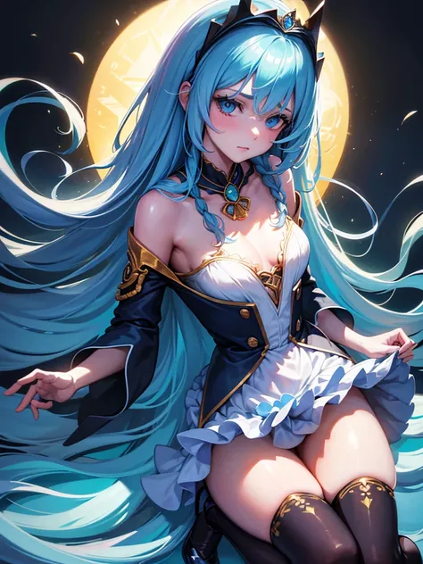 A tall young woman with navy blue long hair, small braids among the hair, messy hair, light blue eyes, small breasts, thin, tiara on the head, turquoise bow in the hair, blue heart necklace, white frilly dress, magical girl outfit, full body shot, magia na...