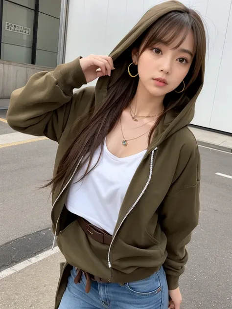 One person, chest, 大きなchest, , HoodieAdidasLong Hair, Brown Hair, belt、Earrings, necklace1人の女の子, 