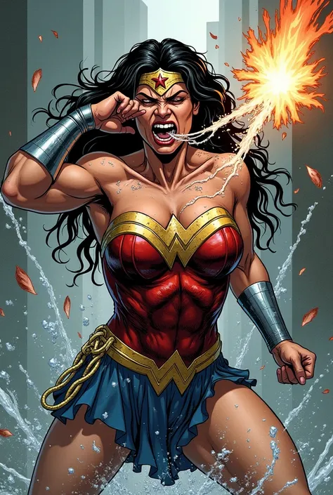 (sweaty)(muscular)A comic panel of a very sweaty Wonder Woman getting punched in the gut. Shes vomiting and coughing heavily, she spits out lot of visible saliva, water, sweat repeatedly. Lot and Lot of water, saliva, sweat continously dropping from her mo...