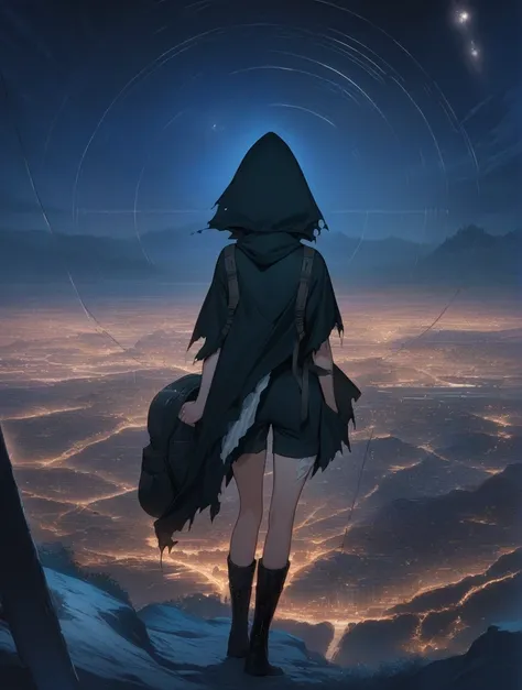 score_9, score_8_up, score_7_up, score_anime, masterpiece, top quality, delicate illustration, sharp lines, sharp focus, BREAK, a traveling girl wandering in the endless night world, the girl wears a hood and has a lot of stuff in her backpack, night , fan...