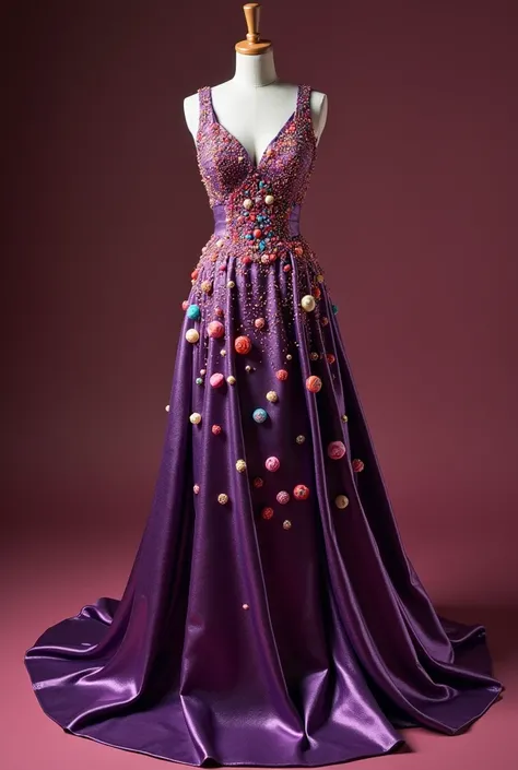 A very elegant purple evening dress with candy on various sides
