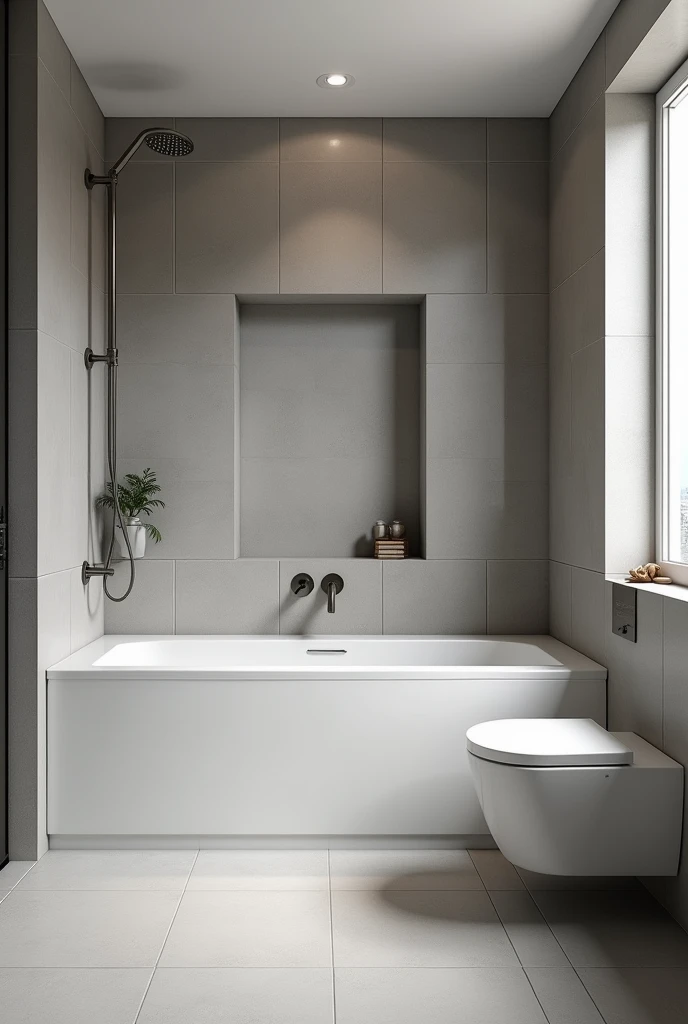 Create a bathroom, with bathtub and shower, and use grey and white tiles 