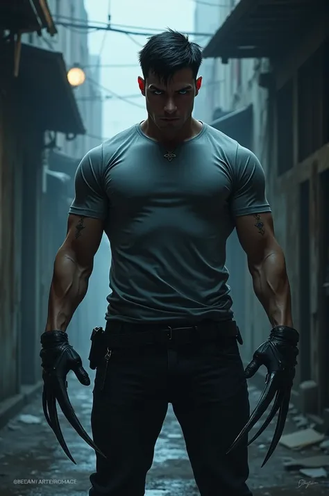 A muscular man with black hair and blue eyes stands in a dim alley, shadows dancing across his grey T-shirt as he flexes his razor-sharp metal claws, exuding an intimidating presence.