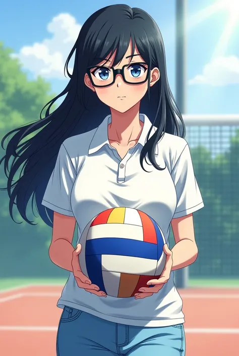 haikyuu, Long black haired girl with blue eyes with black square glasses with light blue jeans with a white polo shirt holding a volleyball 