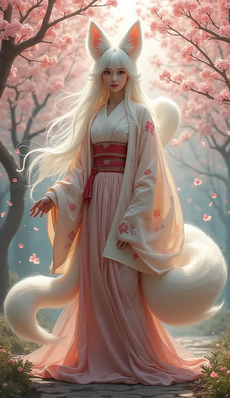 A solo young woman nine-tailed kitsune fox spirit in japan traditional cloth, sakura-tree at background.