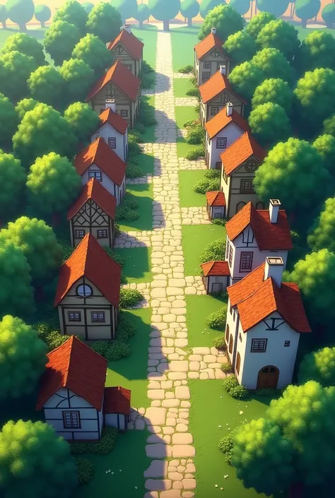 bird&#39;s eye view , of a community divided by a stone path, On both sides there are trees and houses 