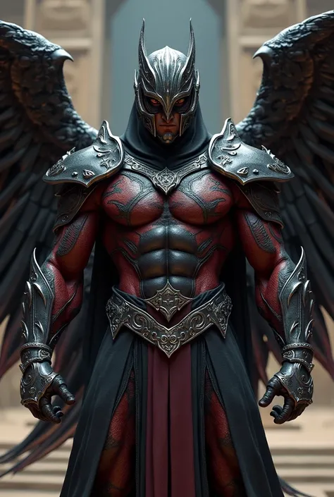  Full body photorealistic handsome hunky masculine Ravena,,unreal engine, extremely attractive male wearing black and red scales transparent mesh bodysuit, with belt and gloves and ,,with big wide massive metallic armored wings, with headdress,,,extremely ...