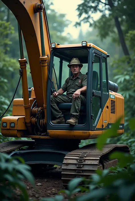 Photorealism 1.4 realistic realism high detailed definition  man male  work attire cutting the jungle three wIth excavator deep jungle dusk mode at deep jungle