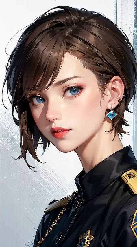 1girl, Hikaru Hiyama, sxtopaz, short hair, brown hair, blue eyes, earrings, lipstick, police uniform, portait 