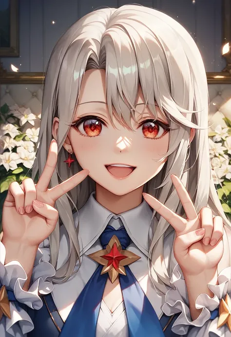 score_9, score_8_superior, score_7_superior, (masterpiece, Highest quality, so beautiful, Super detailed), Intricate details, One girl, Illyasviel von Einzbern, destiny (series), Gray Hair, Red eyes, Close one eye, Open your mouth, skirt, Double V, smile,