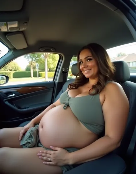 Pov when invited to ride in the car with a plus size American mother while she is heavily pregnant. 32k UHD, ultra detail image, high sharpen. masterpiece, fisheye camera view