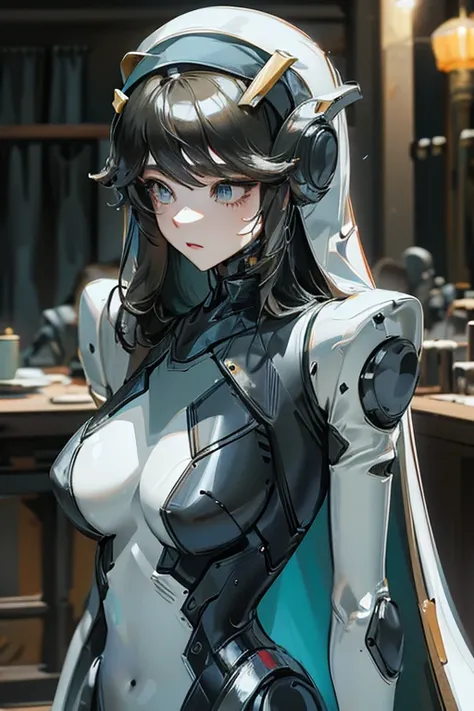 (masterpiece),(Highest quality),(Super detailed),(Best illustrations),(Best Shadow),(Absurd),(Detailed Background),(so beautiful), 16K, 8K, 4K,(Best Shadow),empty eyes,robotization,woman ,big bust,Robot Joint ,Metal skin,Black Suit,long hair,a black suit t...