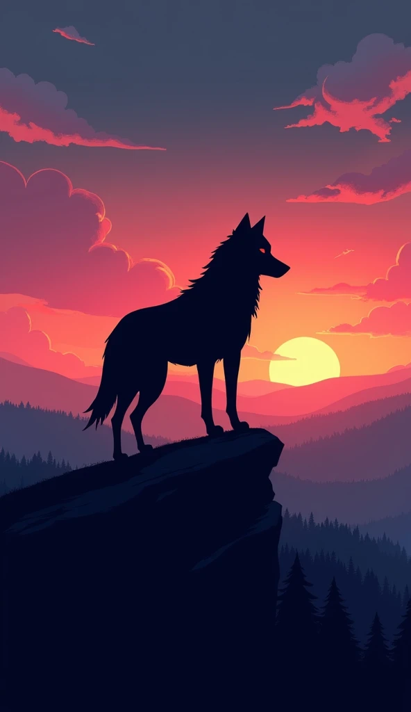 Silhouette of a Wolf on a Hill: The silhouette of a lone wolf standing on a hill against a twilight sky, with the fading light creating a striking contrast between the dark figure of the wolf and the colorful horizon.