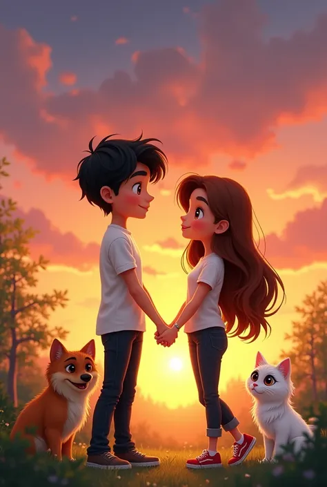 A boy with brown eyes, black hair, black jean, White shirt, está de la mano de una chica de cabello largo y castaño con black jean y White shirt y al lado una mascota de raza Golden y una de color balnco. With a beautiful sunset. They are Disney animated c...