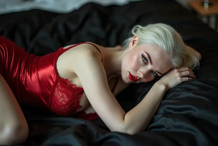 (((closeup large breasts, albino skin), laying on a bed with black silk sheets, looking down from above)), red silk lace lingerie, elegant, romantic