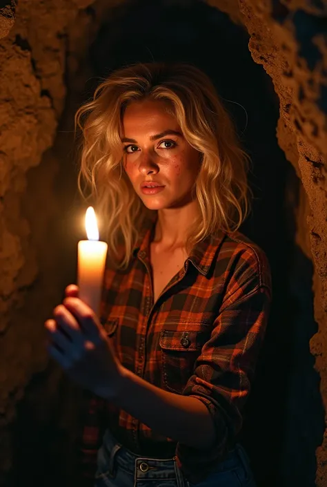 photograph of a woman, (worried facial expression), textured skin, Goosebumps, afro blonde hair, plaid flannel shirt with distressed boyfriend jeans, cowboy shot, dark and mysterious cave with unique rock formations and hidden wonders, Perfect eyes, (Candl...