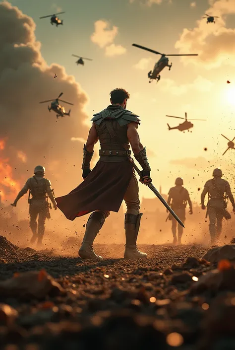 “Create a cinematic and realistic scene featuring Indian actor Tiger Shroff in a dramatic war field. He is wielding a sword and is surrounded by numerous attackers. Above him, multiple helicopters and planes fly through the sky. The scene should have inten...