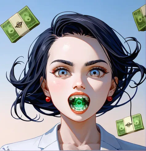 High Resolution, High Quality , Masterpiece .Hyper-realistic ink drawing with surreal colors, elements of absurdity in the style of Ross Tran featuring postal post modern design money aflame as a reference to Roby Dwi Antono, eyeballs, ghost teeth obscurit...