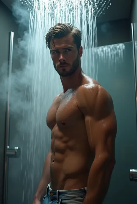 naked man in the shower with Chris Hemsworth&#39;s face