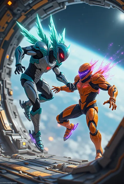 A hyper-realistic depiction of two Skibidi heroes battling on a space station, one with silver and teal hyper-sonic colors, the other with orange and violet, with highly detailed metallic surfaces, complex machinery, and the vastness of space visible throu...