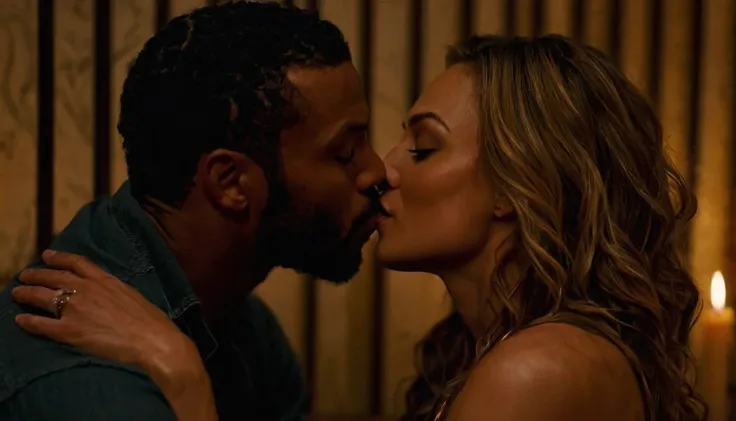 Isaiah Mustafa and Drea de Matteo share a steamy kiss inside a bedroom lit by candlelight. Drea has lovely makeup on her face. Nighttime. Romantic ambiance. Symmetrical eyes. Symmetrical faces. Lovely details. Photorealistic. Full-colored photo. Profession...