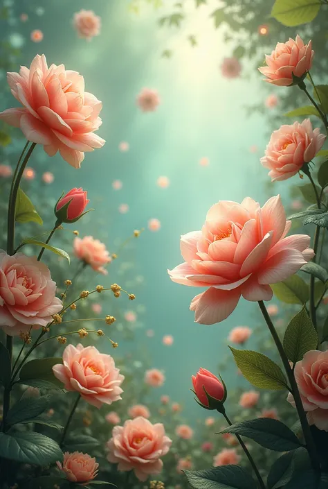 Whimsical fantasy elegant rose floral botany minimalism with a wave of flowers garden flowing flowers floating in hazy pastel pink, aqua green, pastel apricot, smoke fractal, moody and massively realistic flowers, octane rendering, Josephine wall art, Isab...