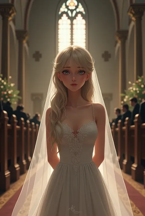 a light-haired girl, in a wedding dress crying at the altar because her boyfriend didn&#39;t get married, that his sad face looks prettier 