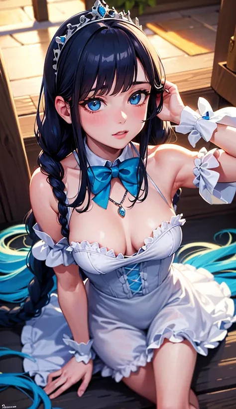 A tall young woman with navy blue long hair, small braids among the hair, messy hair, light blue eyes, small breasts, thin, tiara on the head, turquoise bow in the hair, blue heart necklace, white frilly dress, magical girl outfit, full body shot, magia na...