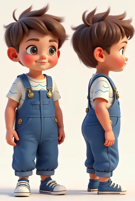  baby with brown wavy hair. He is wearing a half blue and half purple jumpsuit., It has clasps in different parts, Underneath he wears a t-shirt printed with waves, white tennis shoes and blue socks. The child is from three angles: head on, back and side.