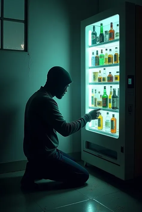 Concept: A figure kneeling inside a narrow  booth with a with window on the side that has light coming into it with a large, glowing vending machine, resembling a confessional booth. Inside the machine, instead of snacks, are various sex toys, bottles of a...