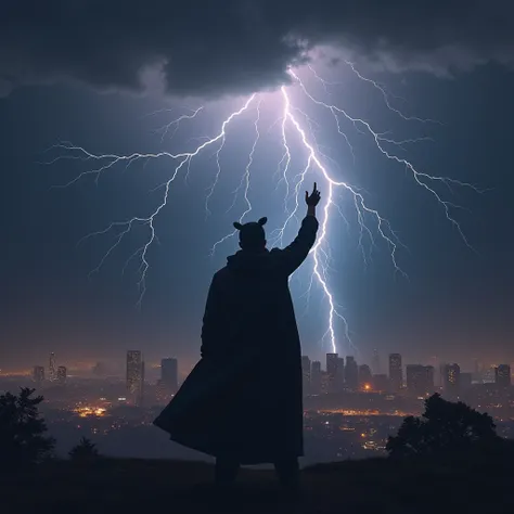 too many thunder, A mage, standing, city, silhouette, glowing eyes, one arm up, 