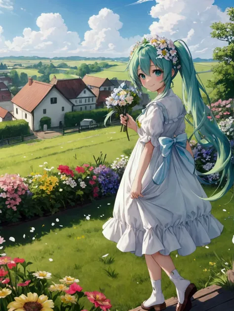 Highest quality、Super resolution,4K、８K、 Beautiful and wonderful landscape oil painting、Hatsune Miku、long green hair、Green Eyes、Blue sky and white clouds、Petal Meadow、Winding Road、Wagon road、Many flower gardens along the roadside、In the distance, there was ...