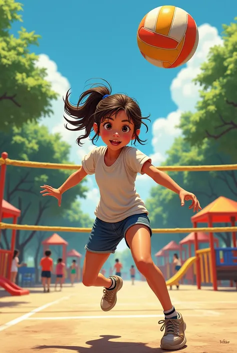 Draw a girl playing with volleyball in a playground 
