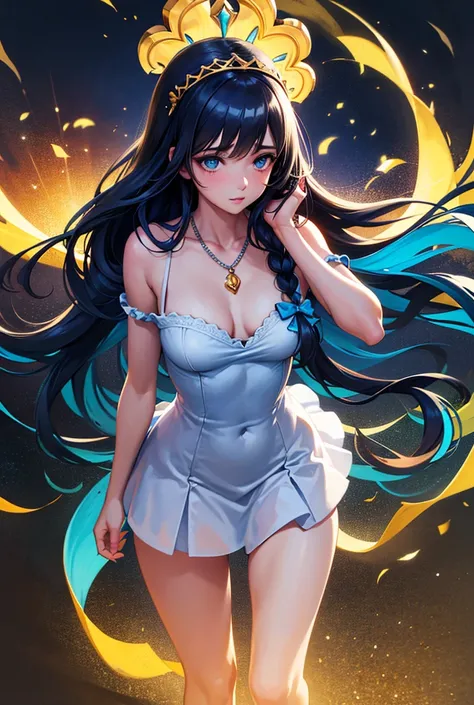 A tall young woman with navy blue long hair, small braids among the hair, messy hair, light blue eyes, small breasts, thin, tiara on the head, turquoise bow in the hair, blue heart necklace, white frilly dress, magical girl outfit, full body shot, magia na...